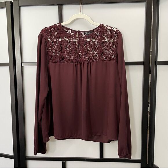 [XL] SWS Flowy Boho Burgundy Long Sleeve Blouse with Lace Details Women’… - Picture 3 of 15